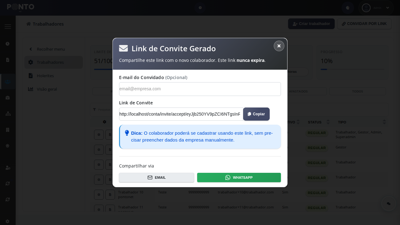 Link de convite para colaboradores no Pontonet (compartilhar por e-mail ou WhatsApp)